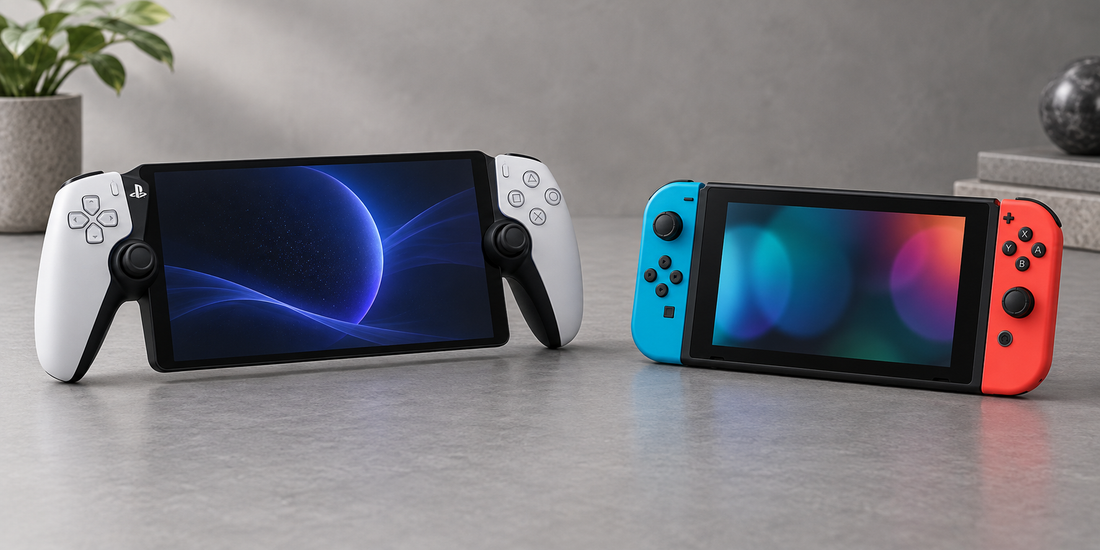 Ilustračné porovnanie PlayStation Portal a Nintendo Switch na sivom stole