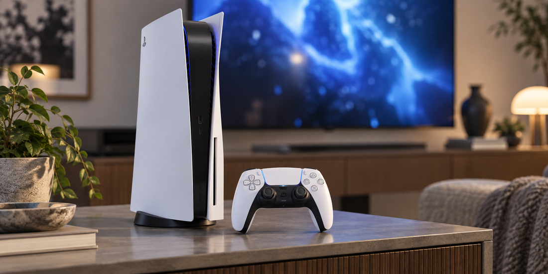 Ilustračné zobrazenie PlayStation 5 s mechanikou a ovládačom DualSense
