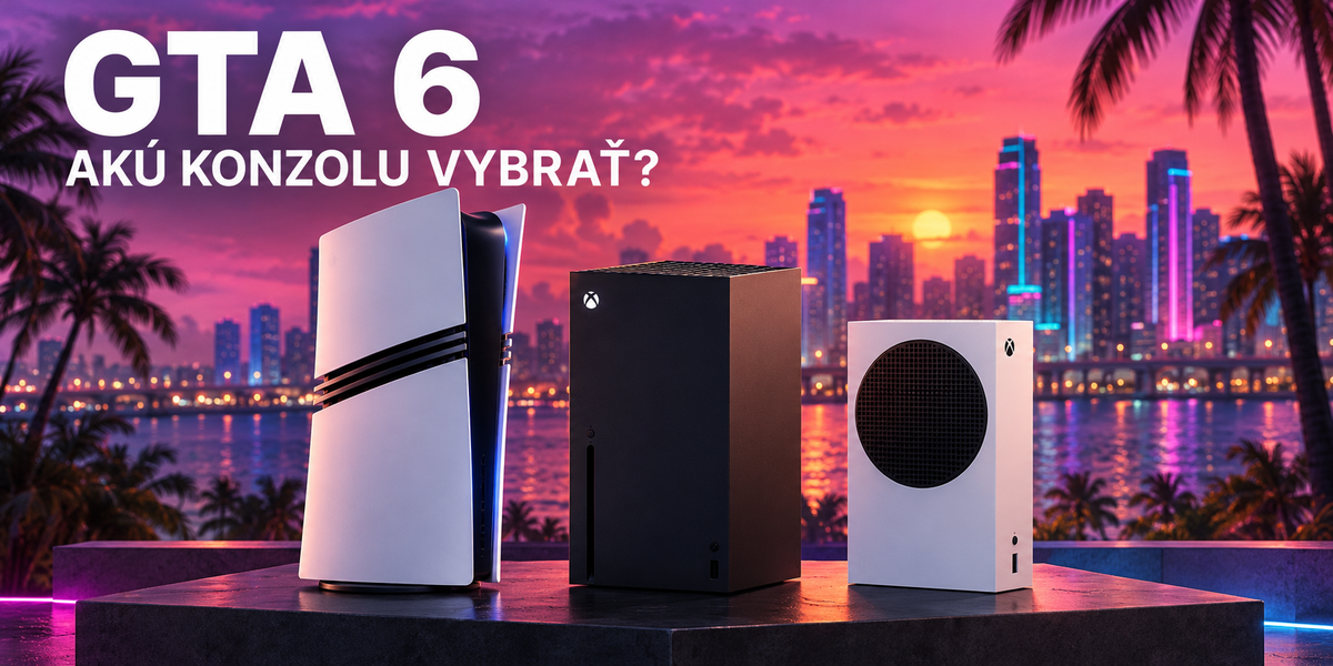 Ilustračný výber PS5 Pro, Xbox Series X a Series S pred neónovou pobrežnou panorámou s titulkom GTA 6: Akú konzolu vybrať?