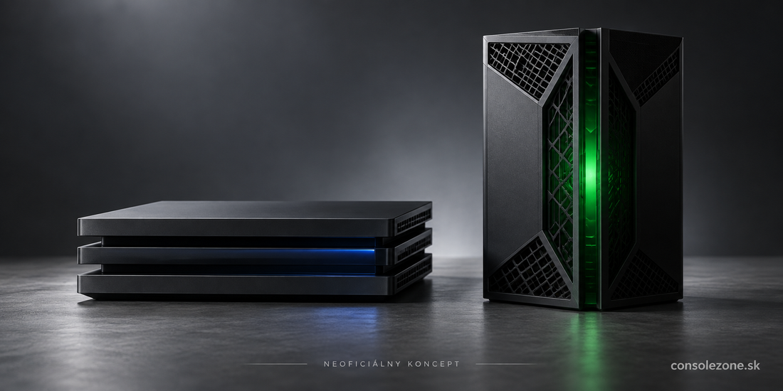 Neoficiálny AI koncept konzol PS6 a Xbox Project Helix na sivom pozadí