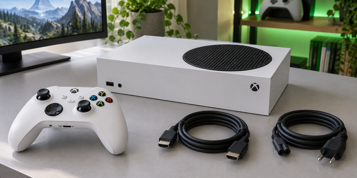 Ilustračné zobrazenie bieleho Xbox Series S, ovládača a kabeláže na hernom stole.