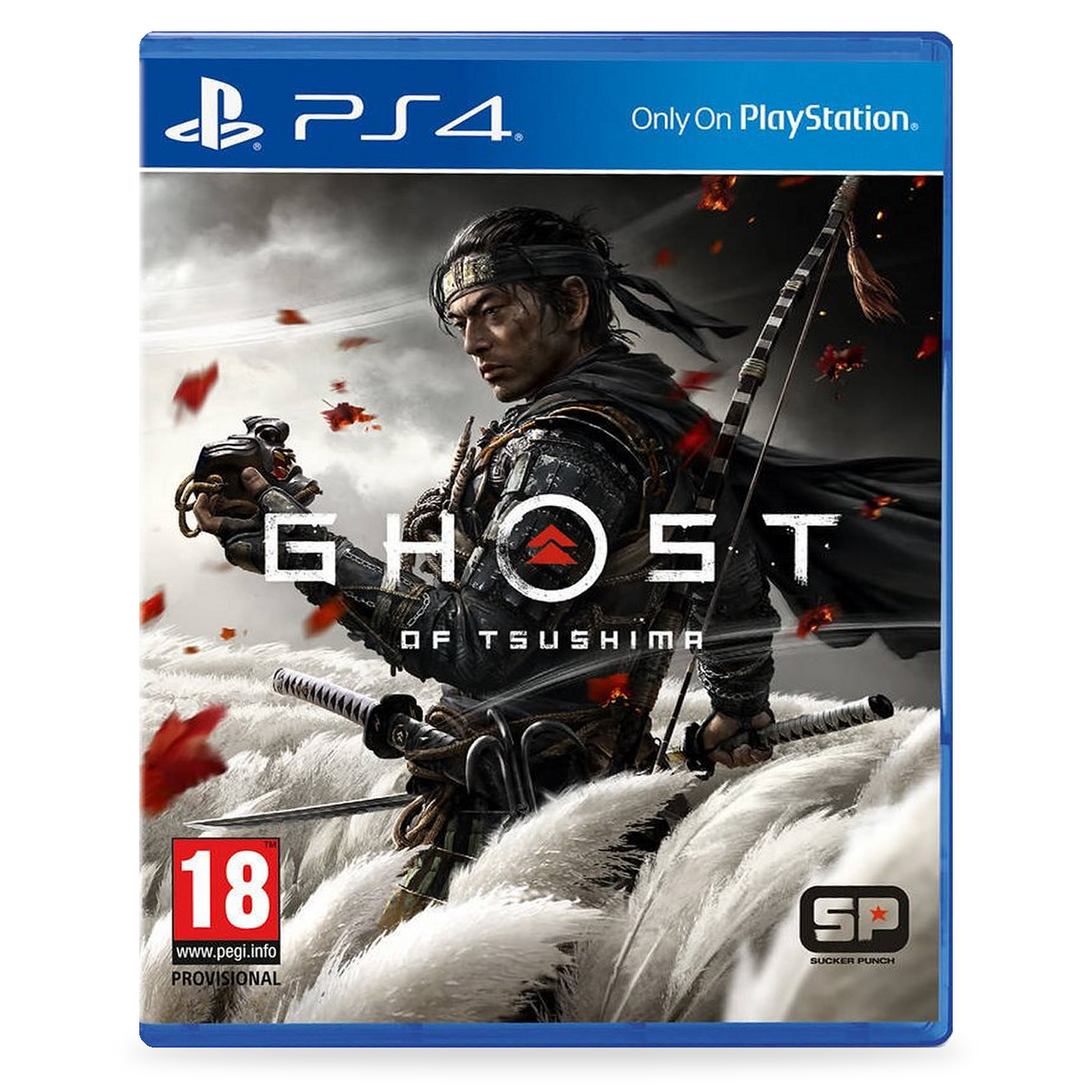Ghost of Tsushima pre PS4 – ilustračný obal základnej edície spredu na bielom pozadí