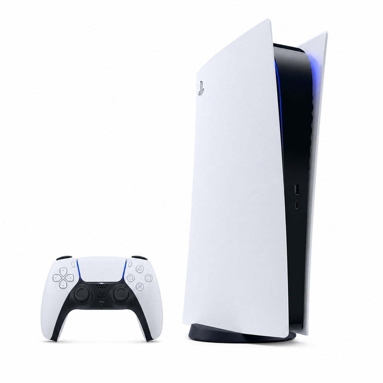 Sony PlayStation 5 Digital Edition — pohľad spredu s ovládačom