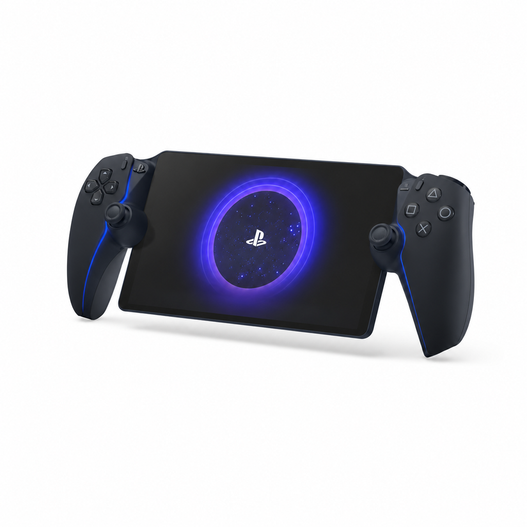 Sony PlayStation Portal Midnight Black – čierny variant, šikmý pohľad spredu na bielom pozadí
