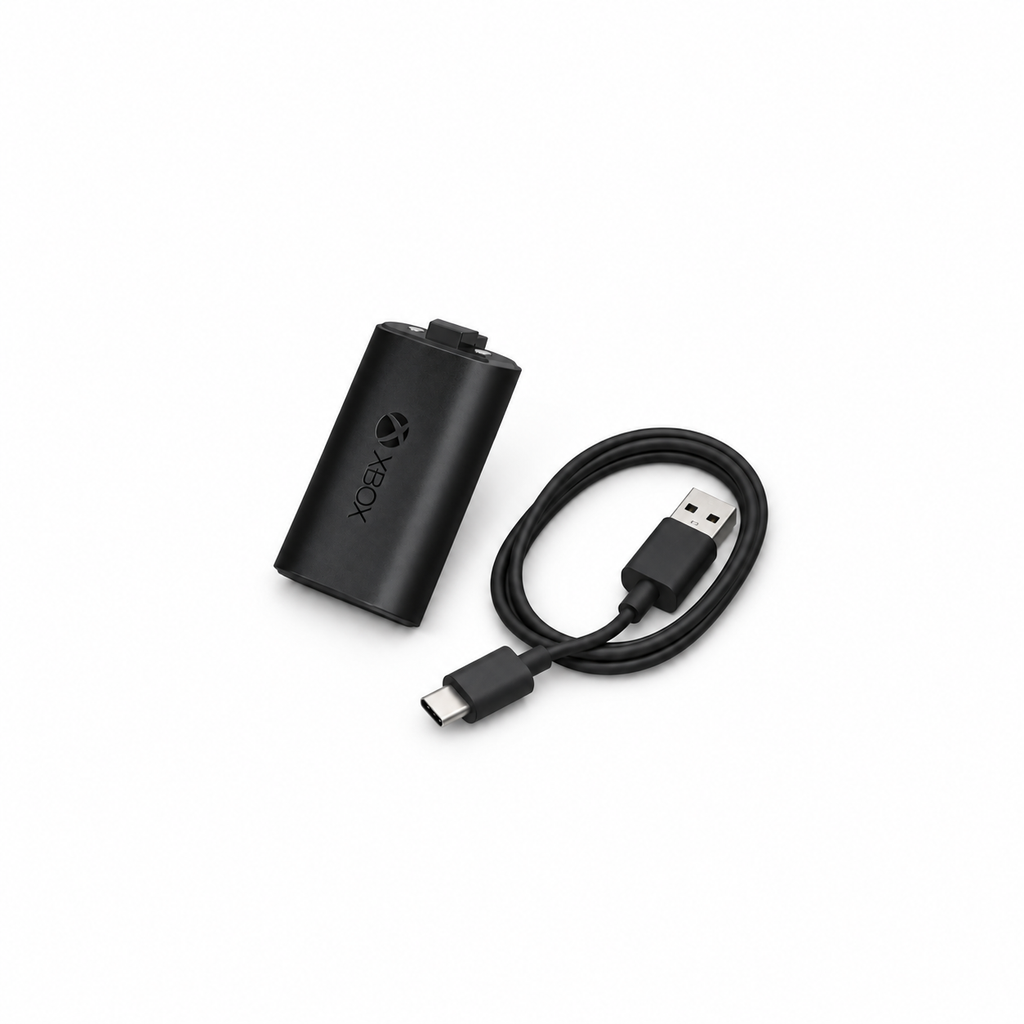Microsoft Xbox Play & Charge Kit – batéria a USB-A na USB-C kábel, diagonálny pohľad na bielom pozadí