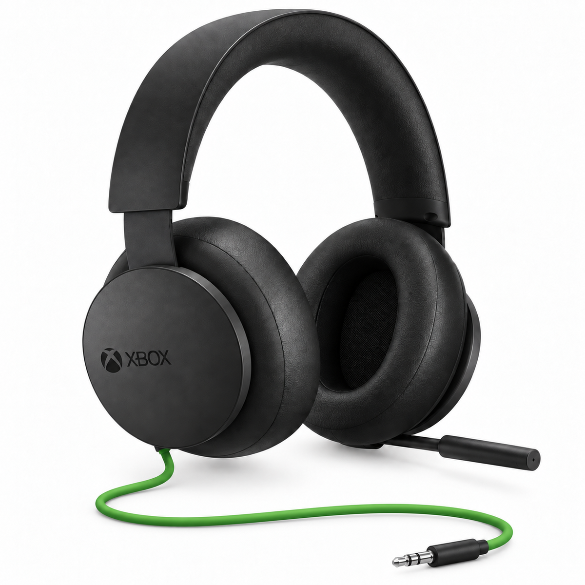 Microsoft Xbox Stereo Headset — detail náušníkov, mikrofónu a zeleného pripojovacieho kábla